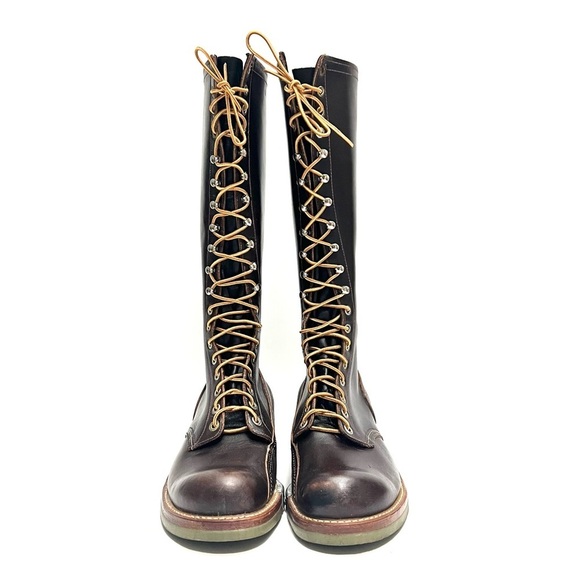 Vintage 1990s brown leather lineman logger knee high lace up green sole boots main image 8